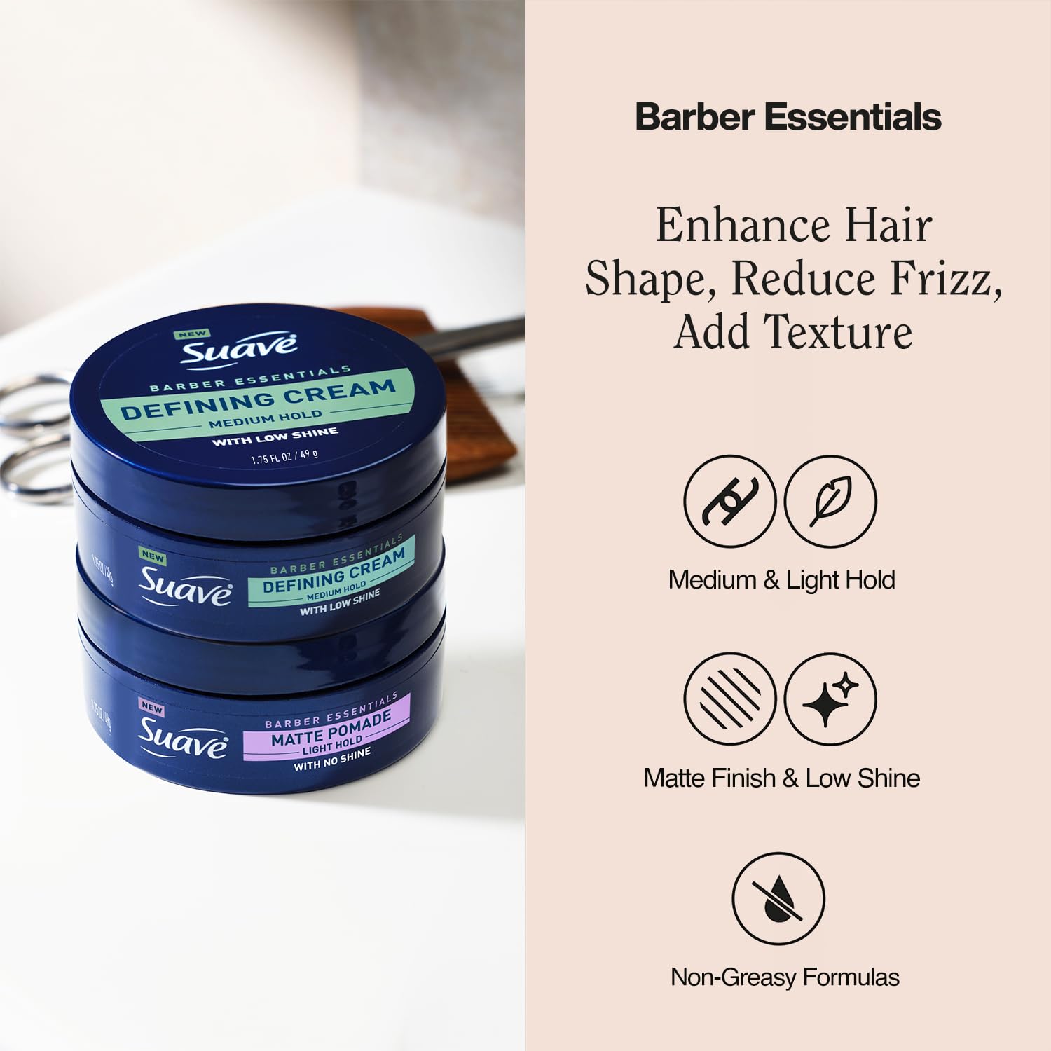 Texture et forme avec Suave Barber Essentials: cheveux faciles à discipliner mouillés ou secs.