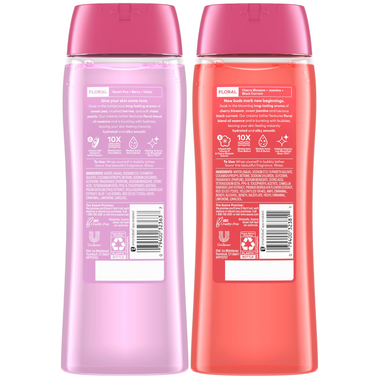 Bouteille Suave Cherry Blossom, parfum floral complexe, enveloppe la douche d'une senteur matinale.
