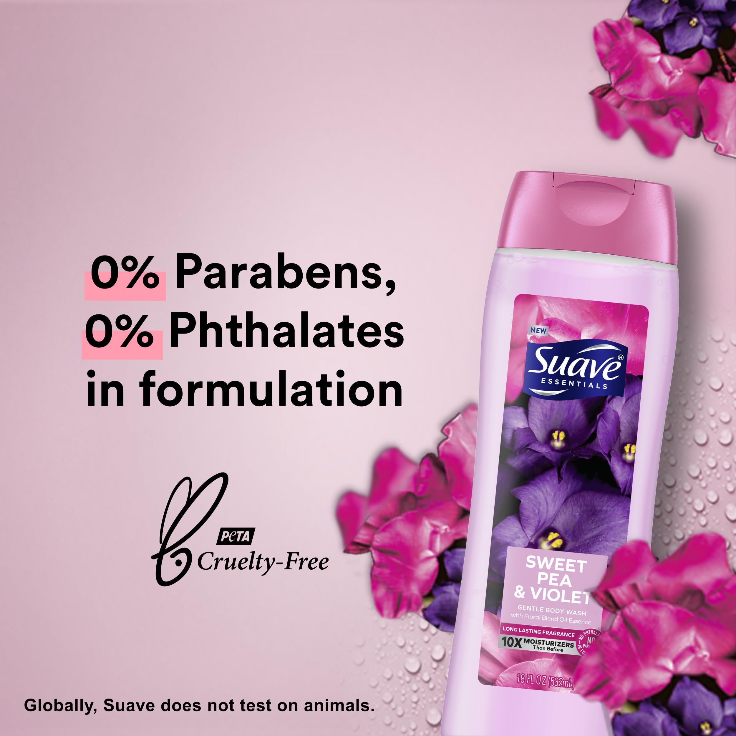 Bouteille Suave Wild Cherry Blossom, parfum fruité, hydratation légère pour la douche rapide.
