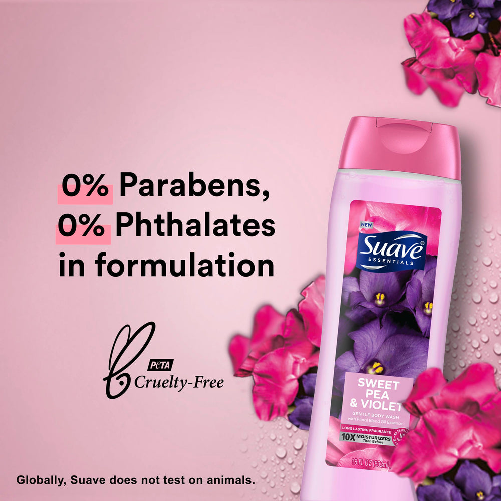 Bouteille Suave Wild Cherry Blossom, parfum fruité, hydratation légère pour la douche rapide.