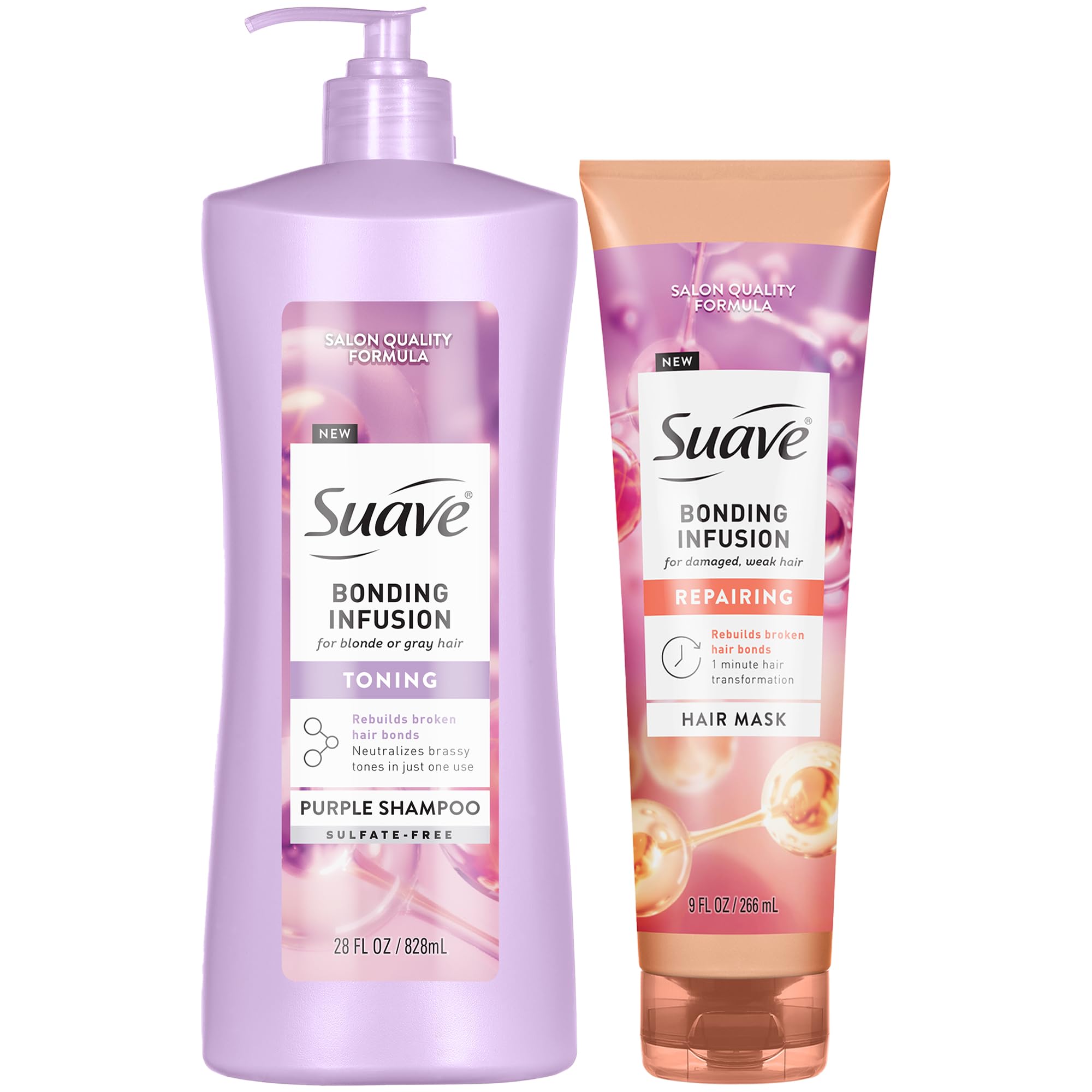 Shampoing-pompe 28oz Suave Bonding Infusion, neutralise tons jaunes et reflets.