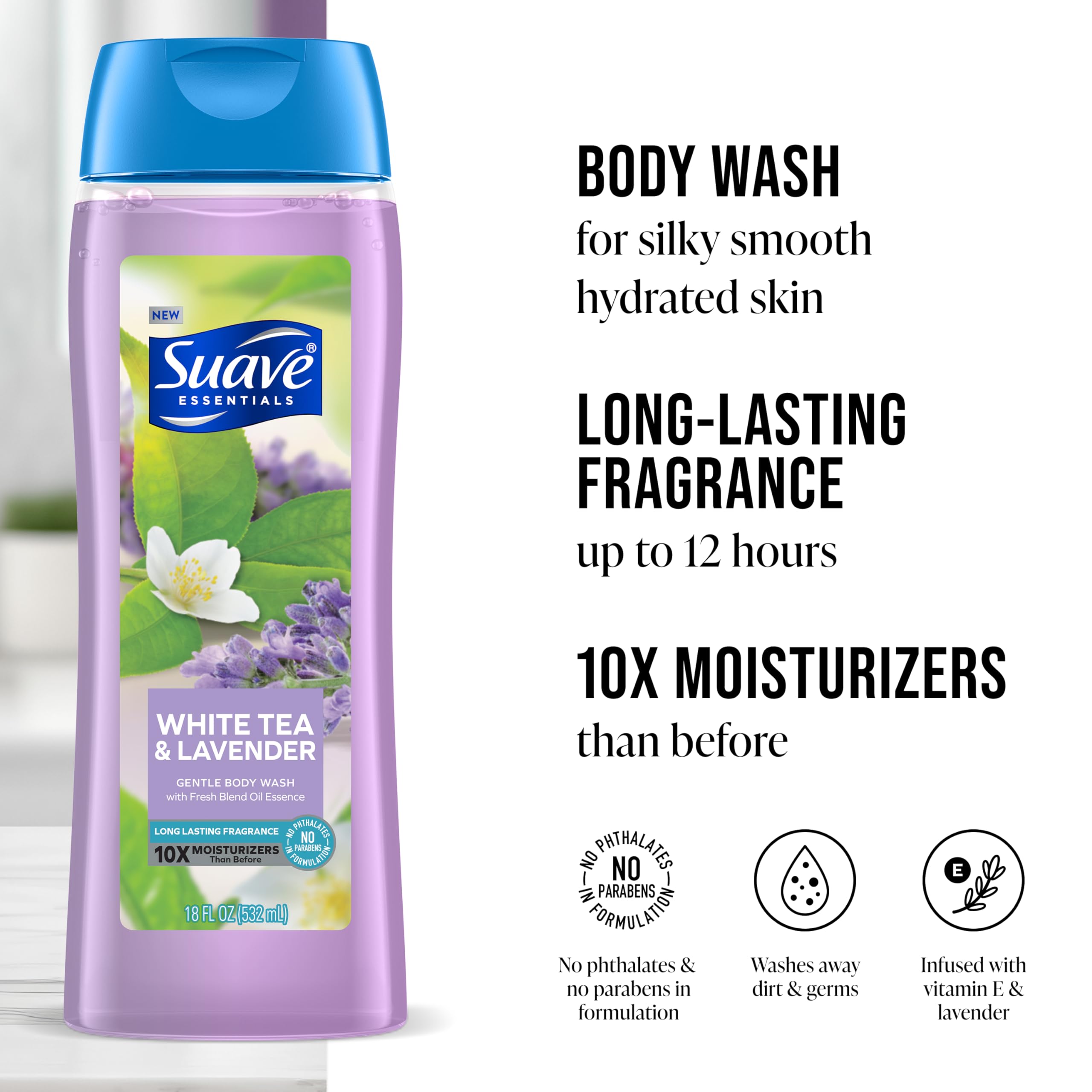 Bouteille Suave Douche Thé Blanc Lavande, arômes apaisants.