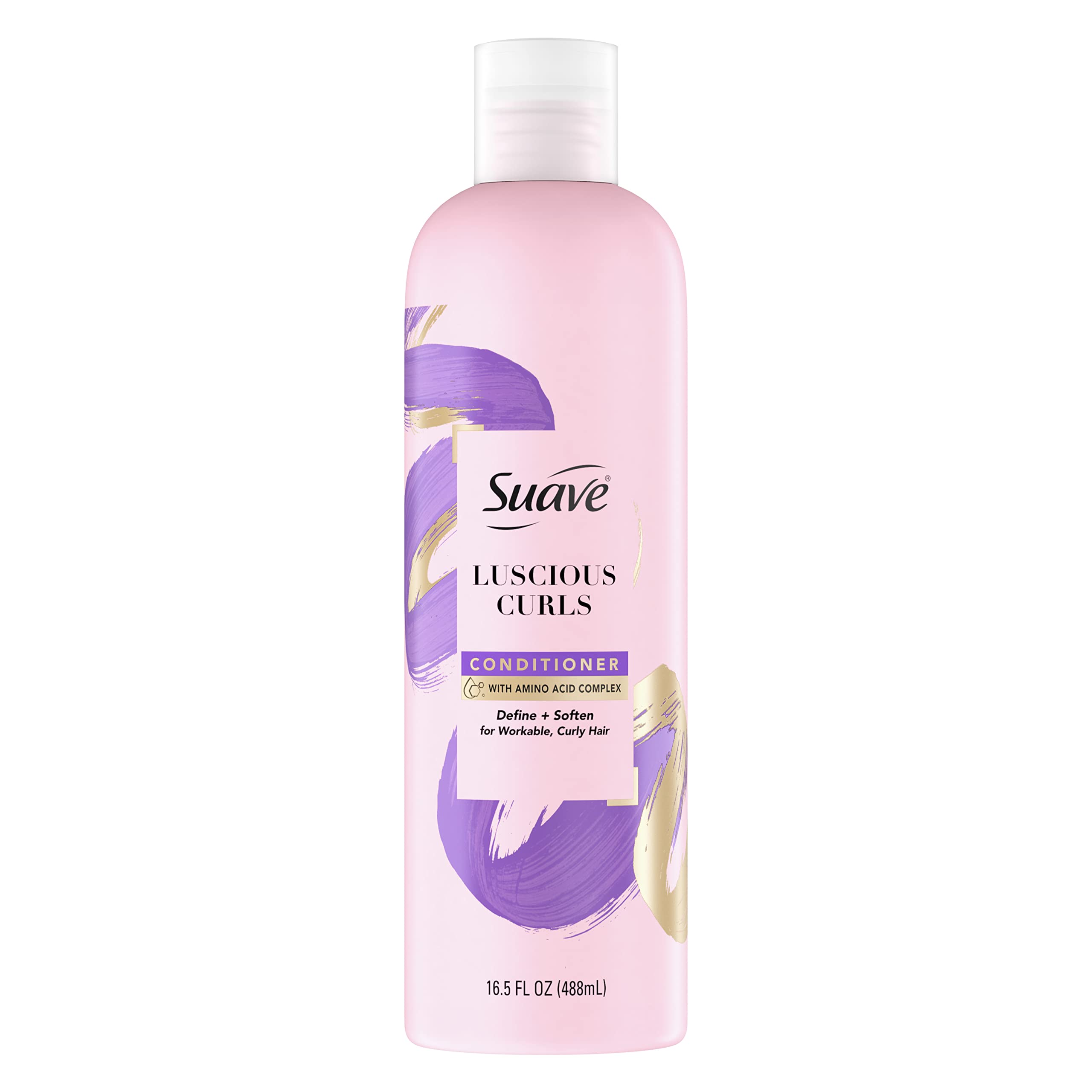 Conditionneur Suave pour boucles luxueuses, bouteille rose, facilite le coiffage.