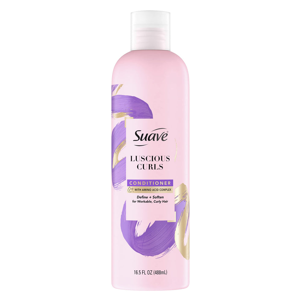 Conditionneur Suave pour boucles luxueuses, bouteille rose, facilite le coiffage.