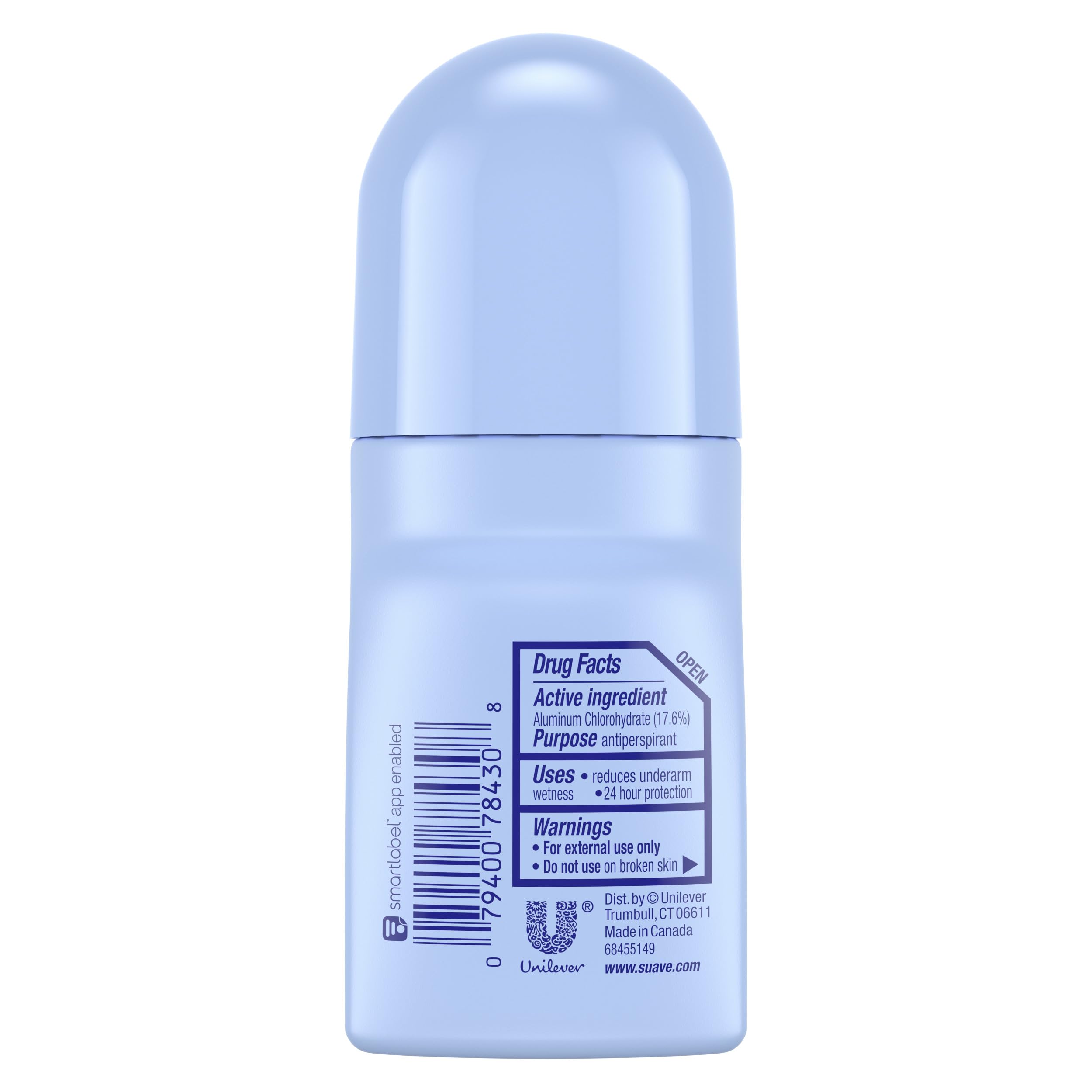 Premier plan sur le déodorant bille Suave, parfum poudré et hydratation légère.