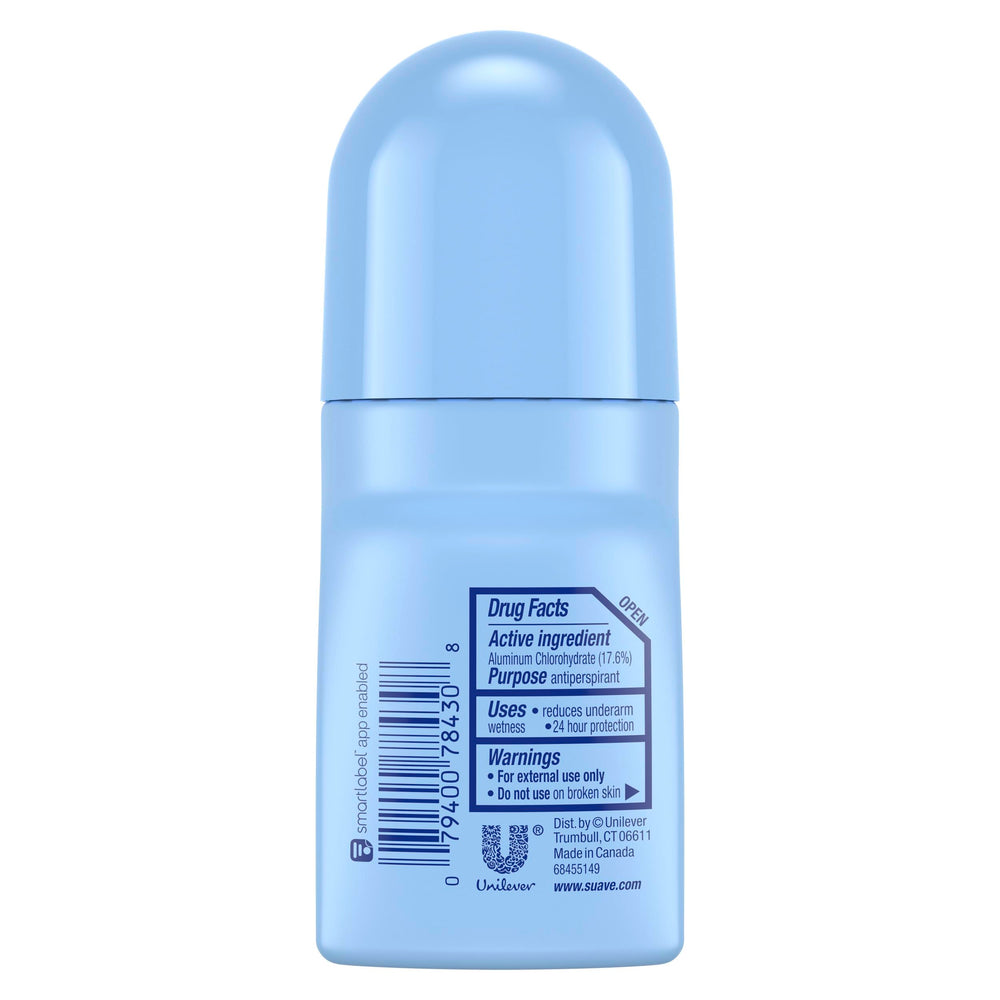 Premier plan sur le déodorant bille Suave, parfum poudré et hydratation légère.