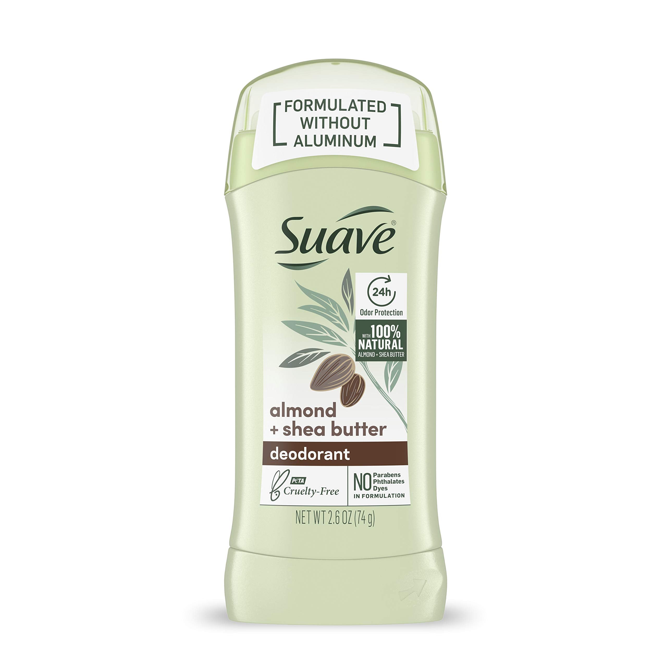 Déodorant Suave sans aluminium amande-karité, application fluide et douce.