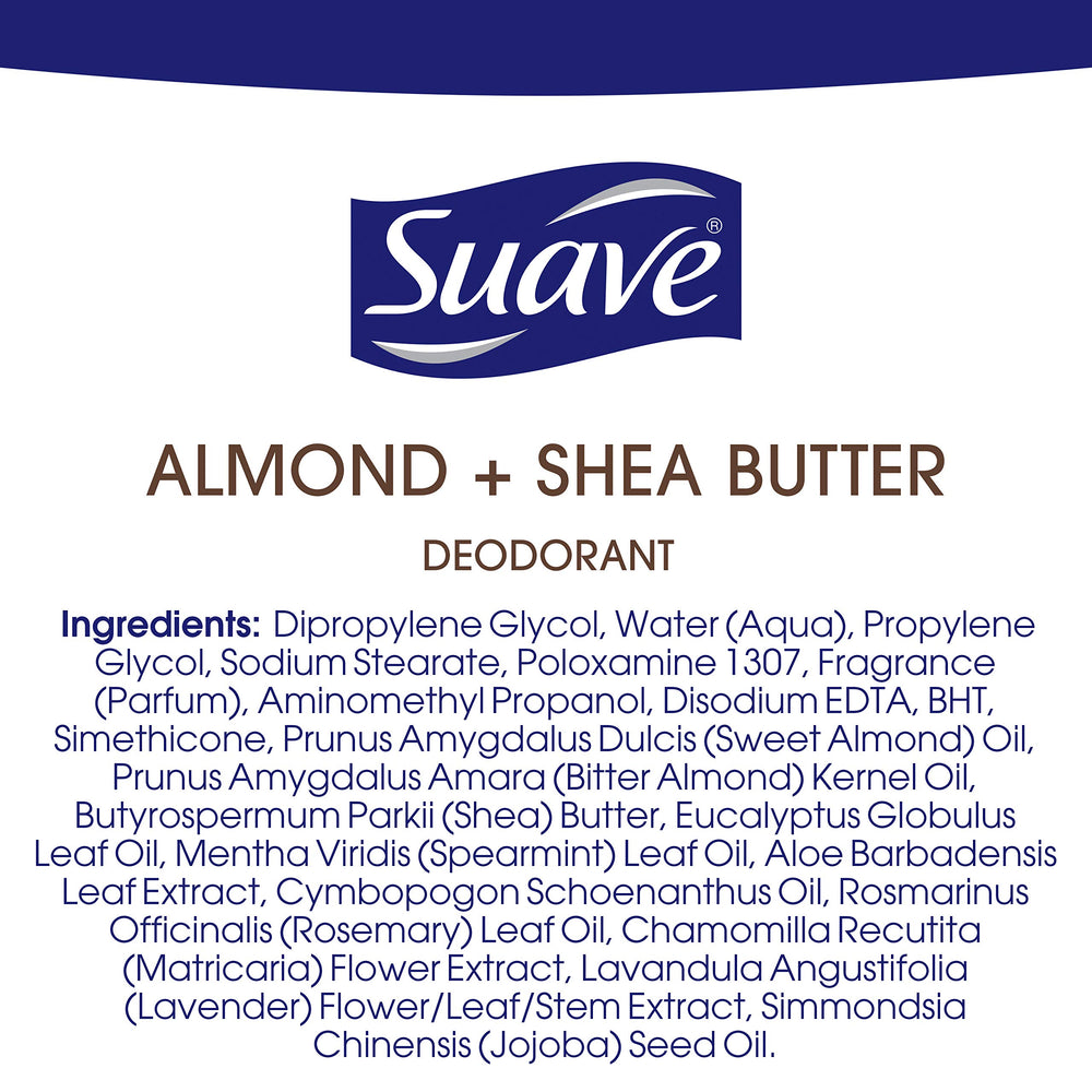 Suave sans cruauté animale, déodorant parfum amande-karité pour activités quotidiennes.