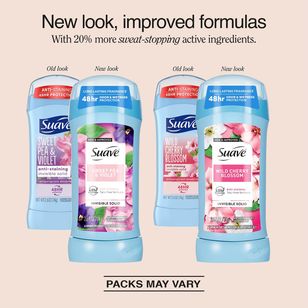 Déodorant Suave pour femme pois-de-senteur et violette, bâtonnet invisible et rafraîchissant.
