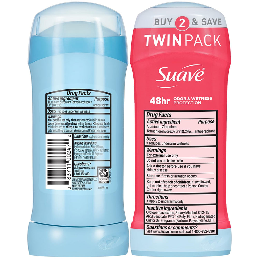 Déodorant Suave respectueux de la peau, fraîcheur discrète tout au long de la journée, bâtonnet invisible.