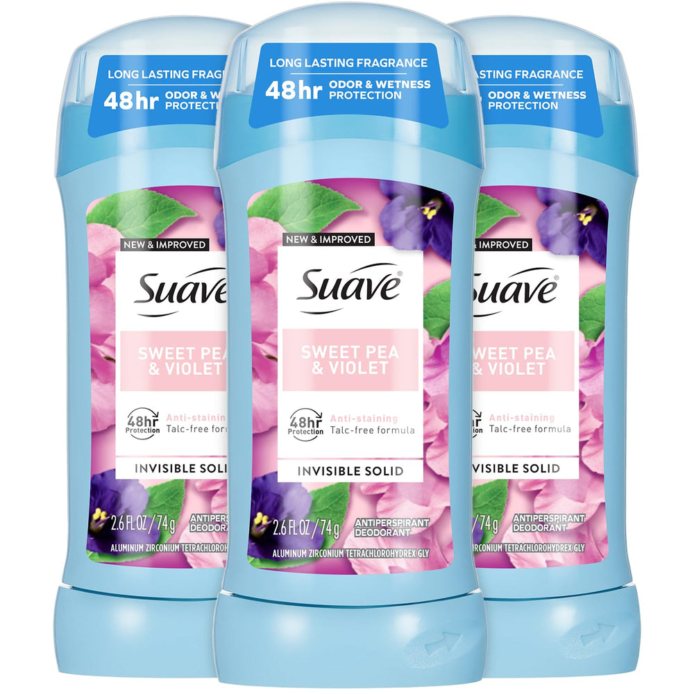 Desodorisant Suave pois-de-senteur-violette en bâton, parfum durable toute la journée.