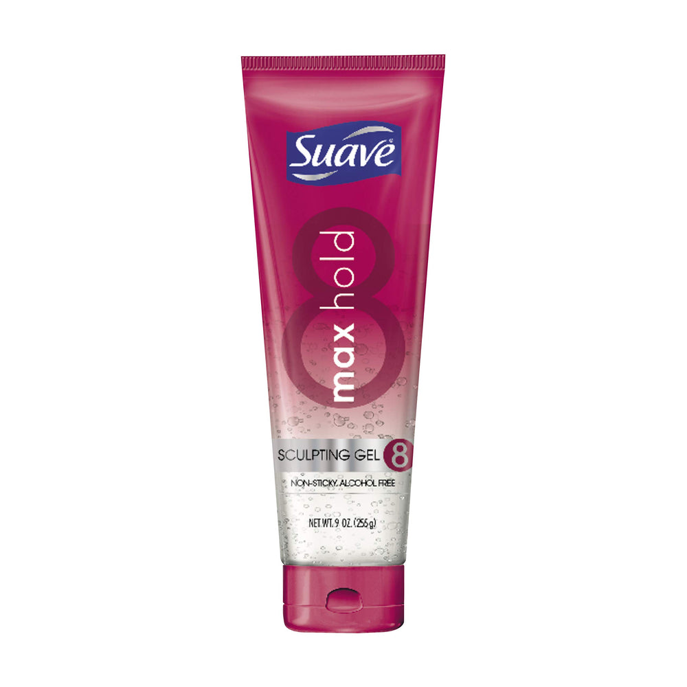 Gel coiffant Suave Max Hold 9oz dans sa bouteille pour un maintien durable.