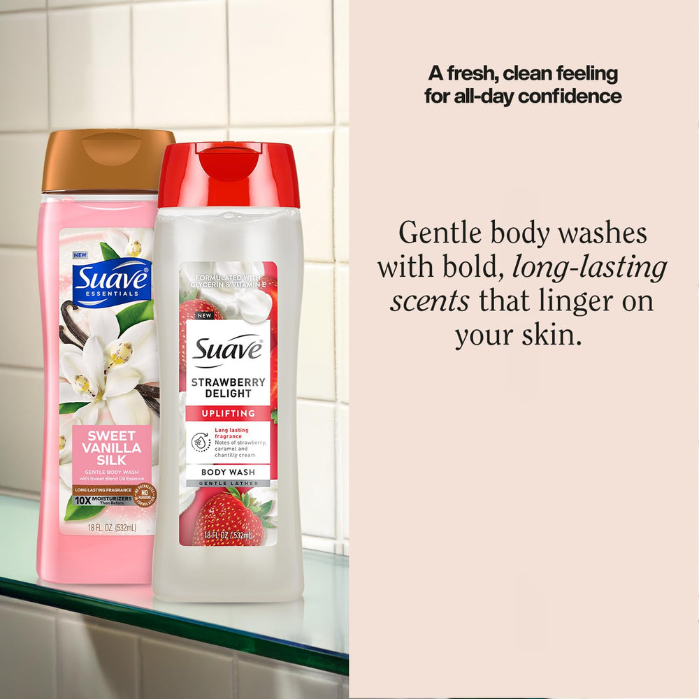 Suave Gel Douche, bouteille fraise-delice, parfum fruité revitalisant pour la peau.