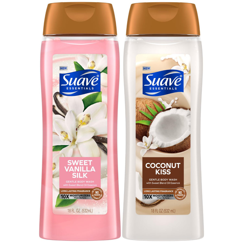 Suave Gel Douche Vanille Douce packshot, présentation duo hydratant et parfumé.