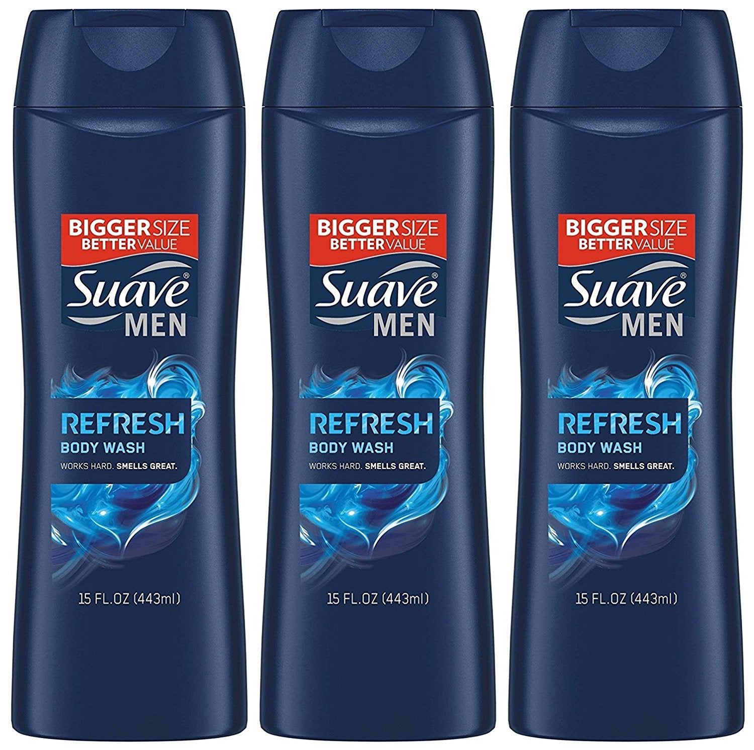 Gel douche Suave Men Refresh, flacon de 444 ml, revitalise la peau après la douche.