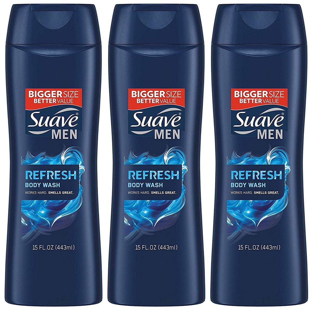 Gel douche Suave Men Refresh, flacon de 444 ml, revitalise la peau après la douche.