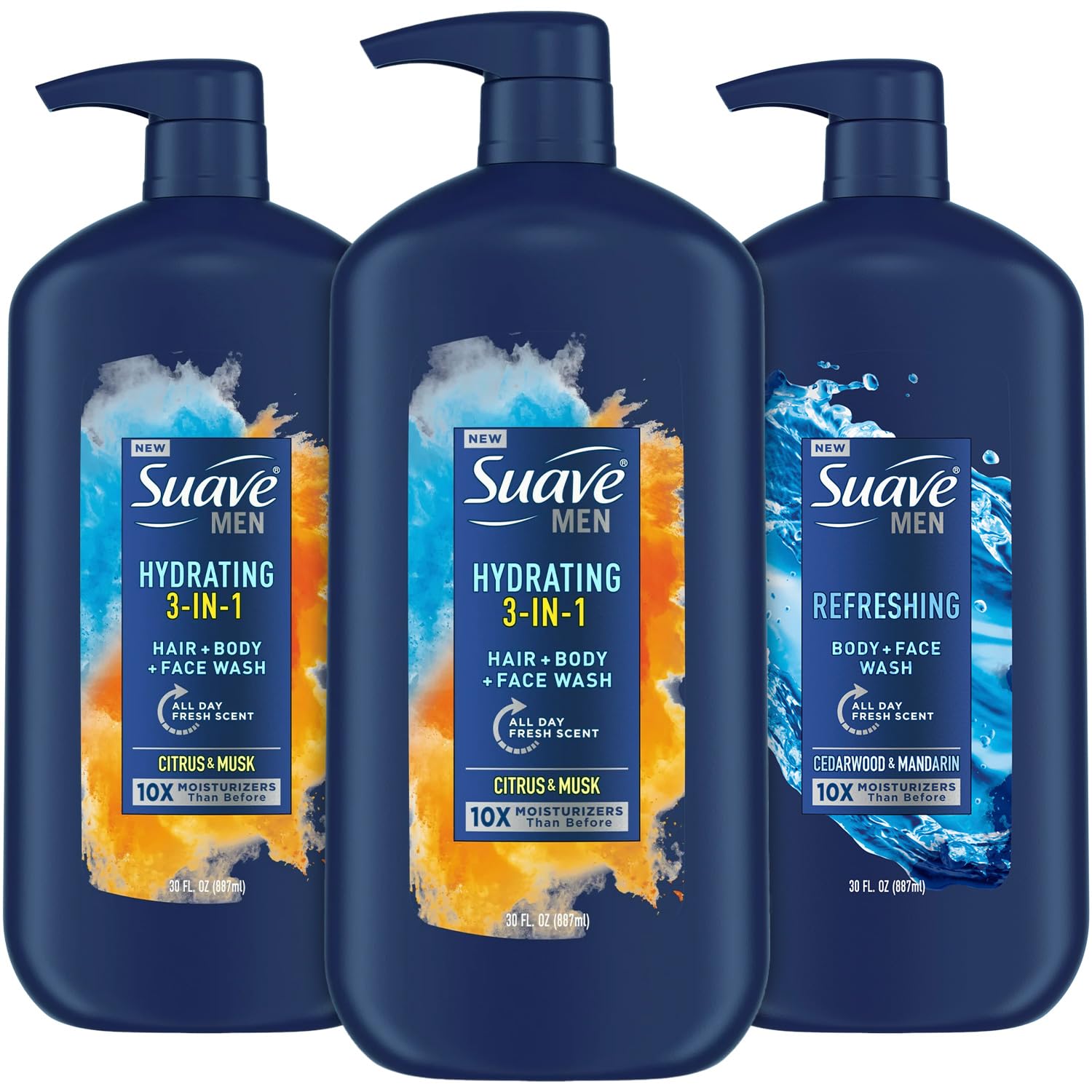 Gamme Suave Homme: pack douche 3-en-1 hydratant avec pompe et parfum Cèdre-Mandarine.