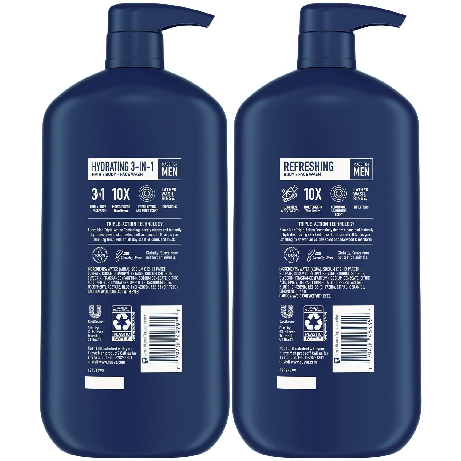 Deux bouteilles hydratantes 3-en-1 de Suave Homme, parfum Cèdre et Mandarine.