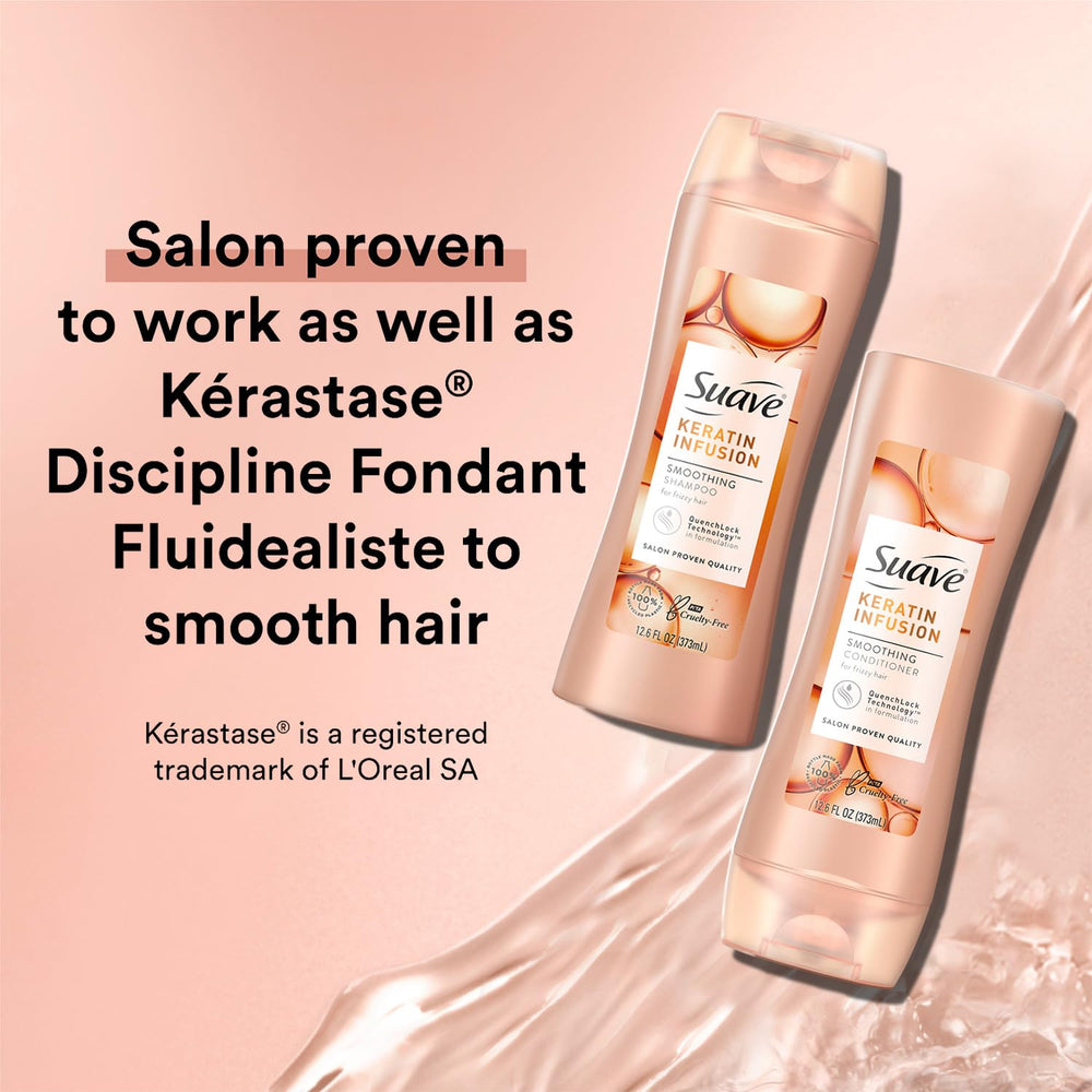 L'après-shampoing Suave Keratin Infusion en bouteille ouverte, offrant hydratation et douceur.