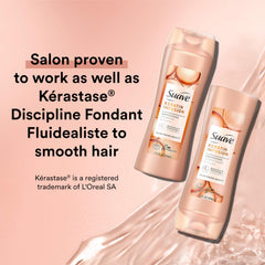 L'après-shampoing Suave Keratin Infusion en bouteille ouverte, offrant hydratation et douceur.