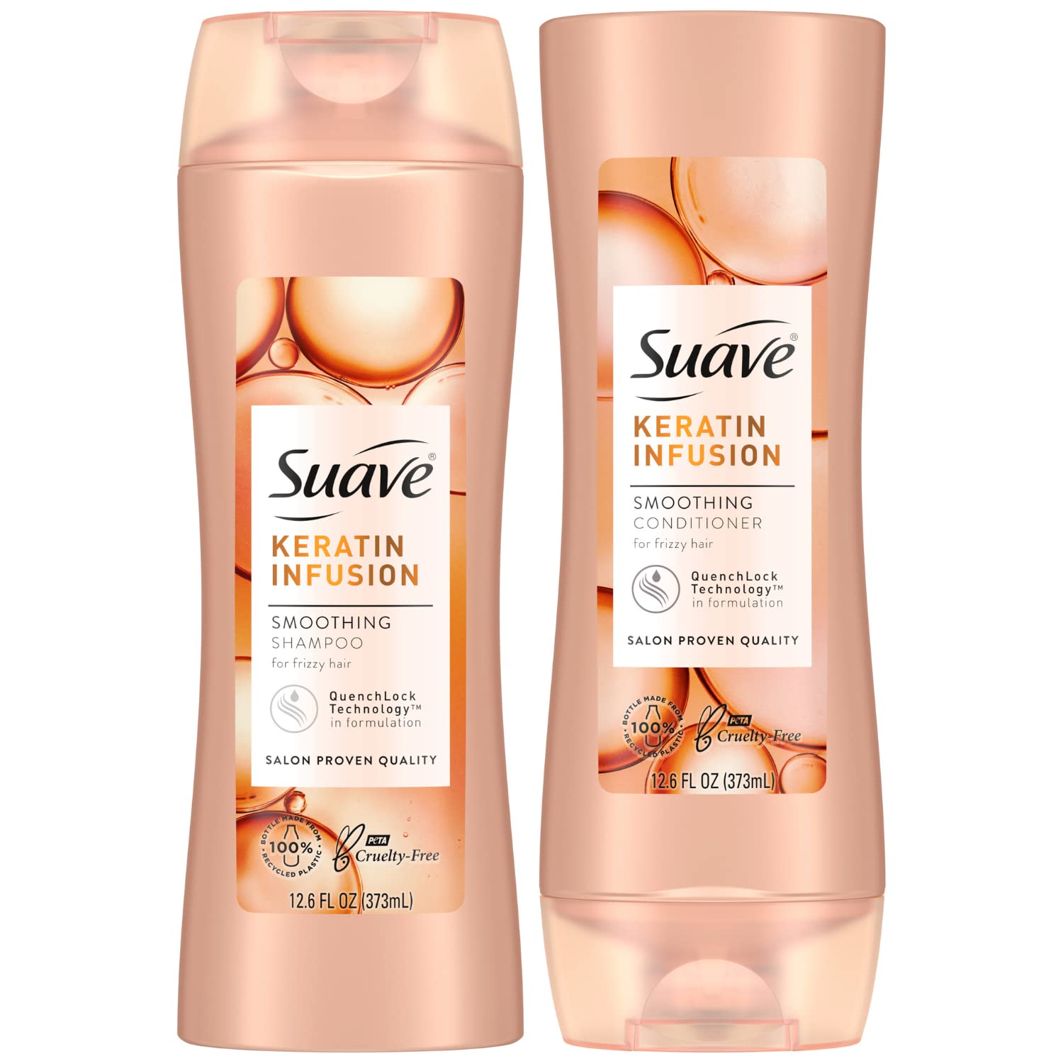 Le shampoing Suave Keratin Infusion en bouteille ouverte, pour démêler et lisser les cheveux.