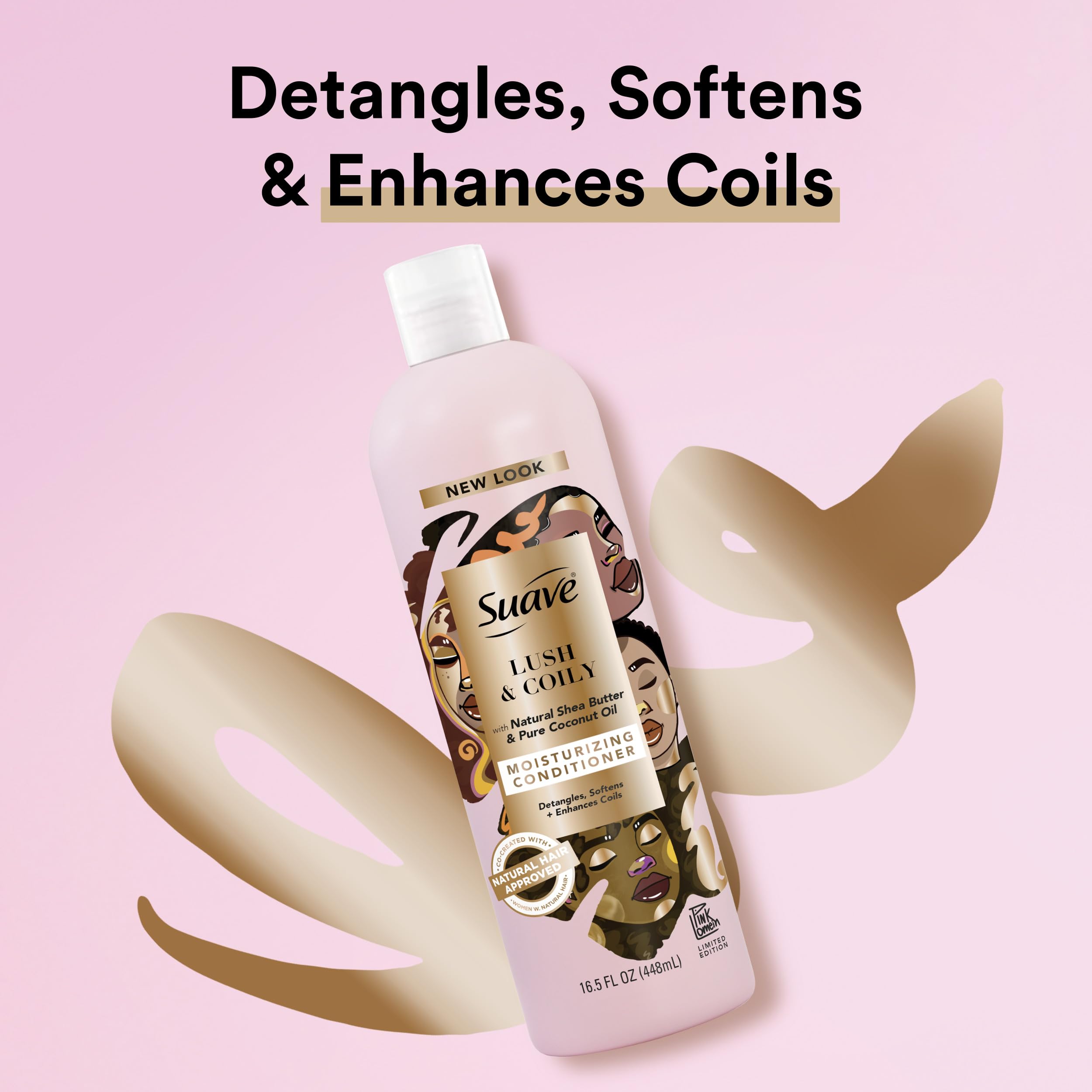 la photo met en avant le nouveau design pour la ligne Lush et Coily sur la bouteille Suave.
