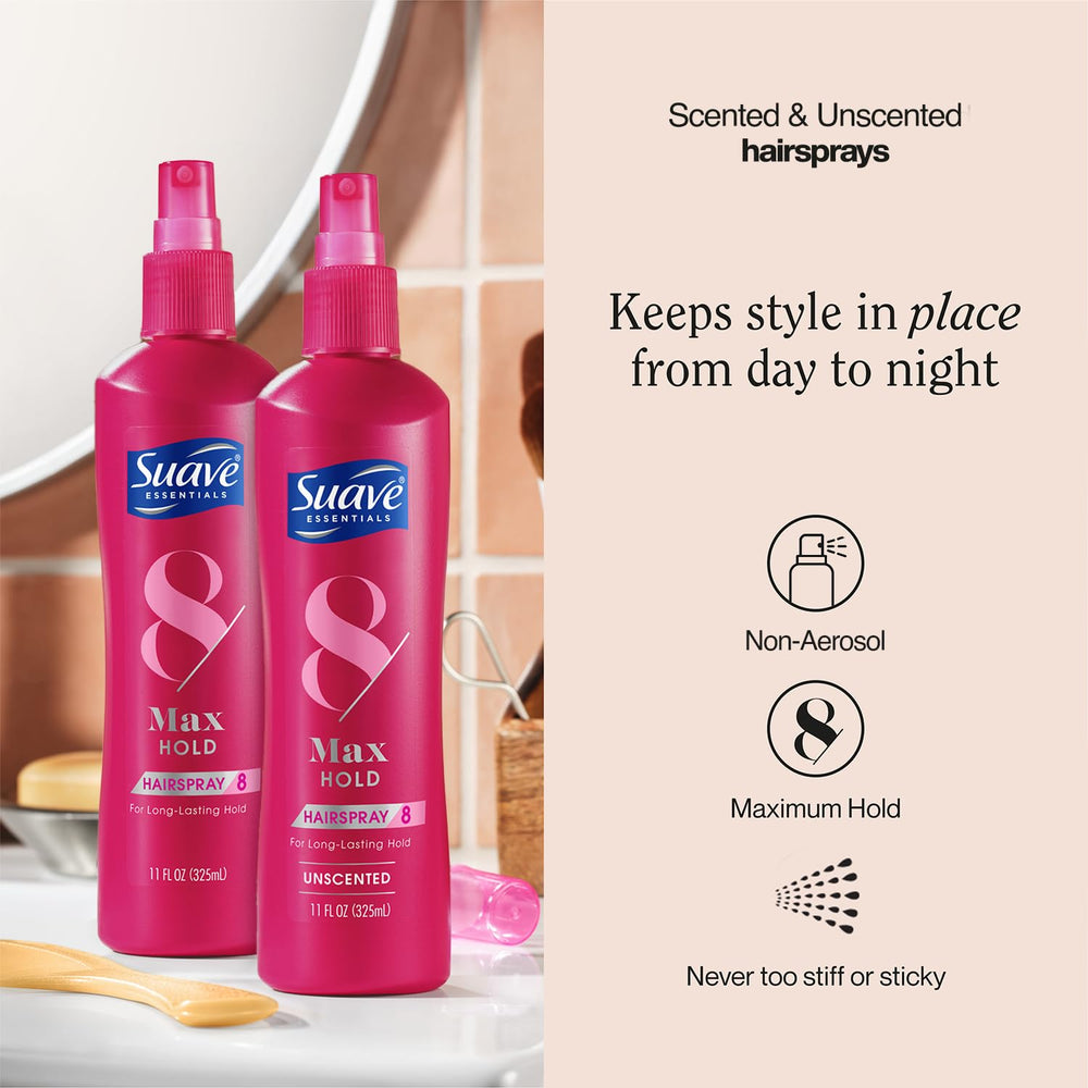 Suave Max Hold scented hairspray bottle adds fragrance with flexible hold.