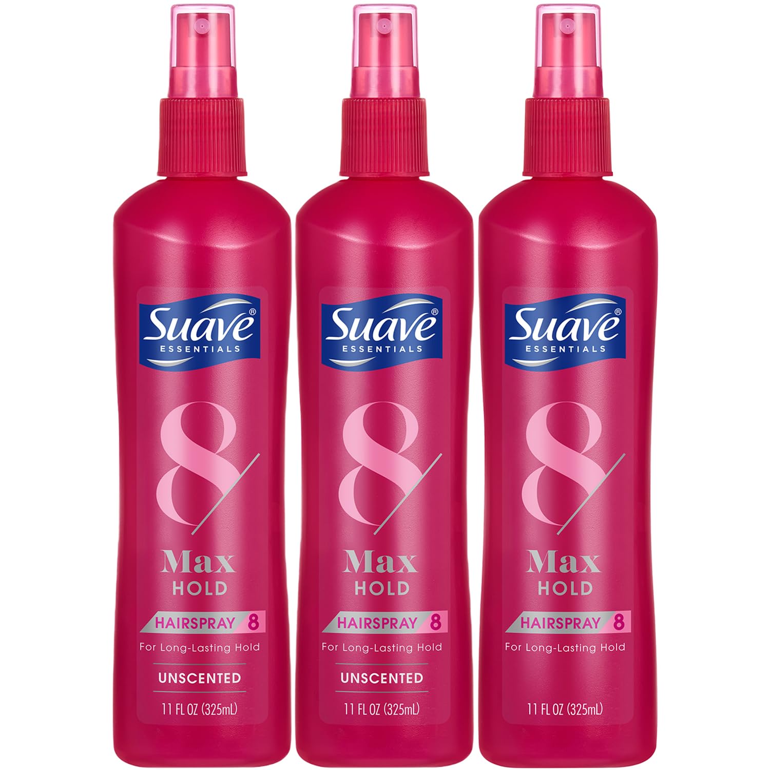 Suave Max Hold unscented hairspray bottle for all-day secure style.