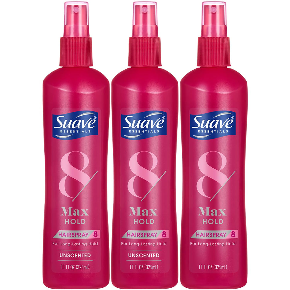 Suave Max Hold unscented hairspray bottle for all-day secure style.