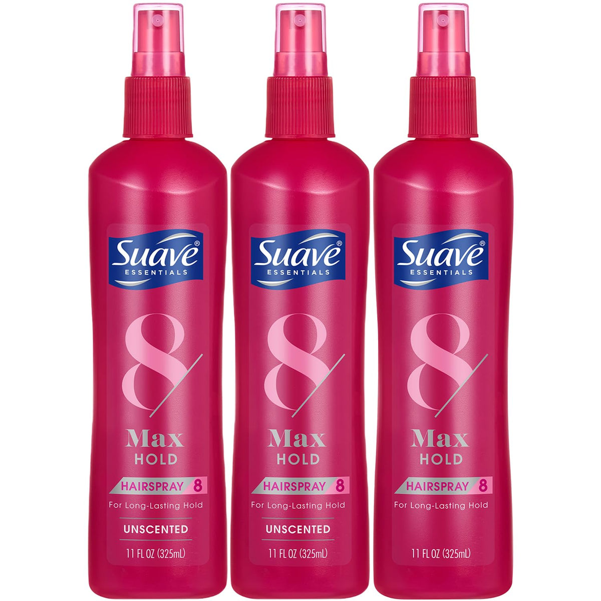 Suave Max Hold unscented hairspray bottle for all-day secure style.