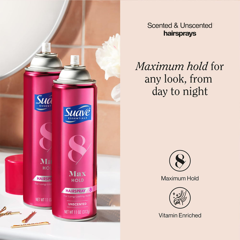 Unscented 11oz Suave Max Hold bottle delivering lasting hold without fragrance.