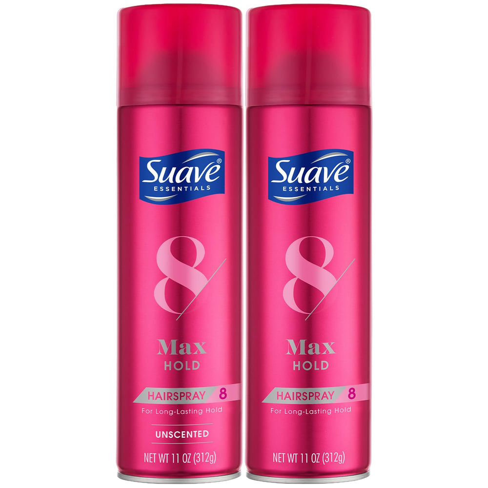 Suave Max Hold 2-pack box with unscented and scented formulas for versatile styling.