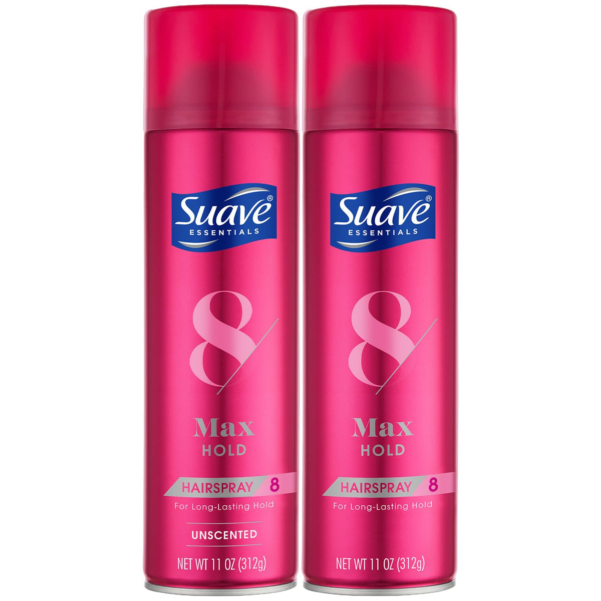 Suave Max Hold 2-pack box with unscented and scented formulas for versatile styling.