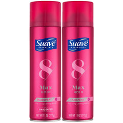Suave Max Hold 2-pack box with unscented and scented formulas for versatile styling.