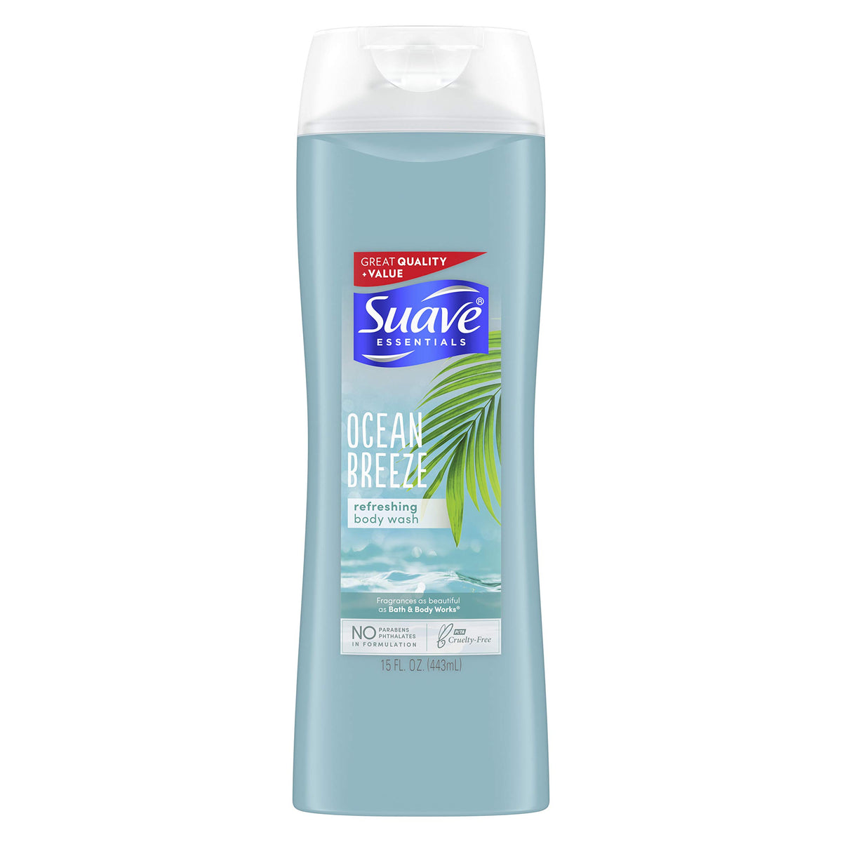 La bouteille Suave Ocean Breeze ouverte prête à l'emploi, hydratation douce.