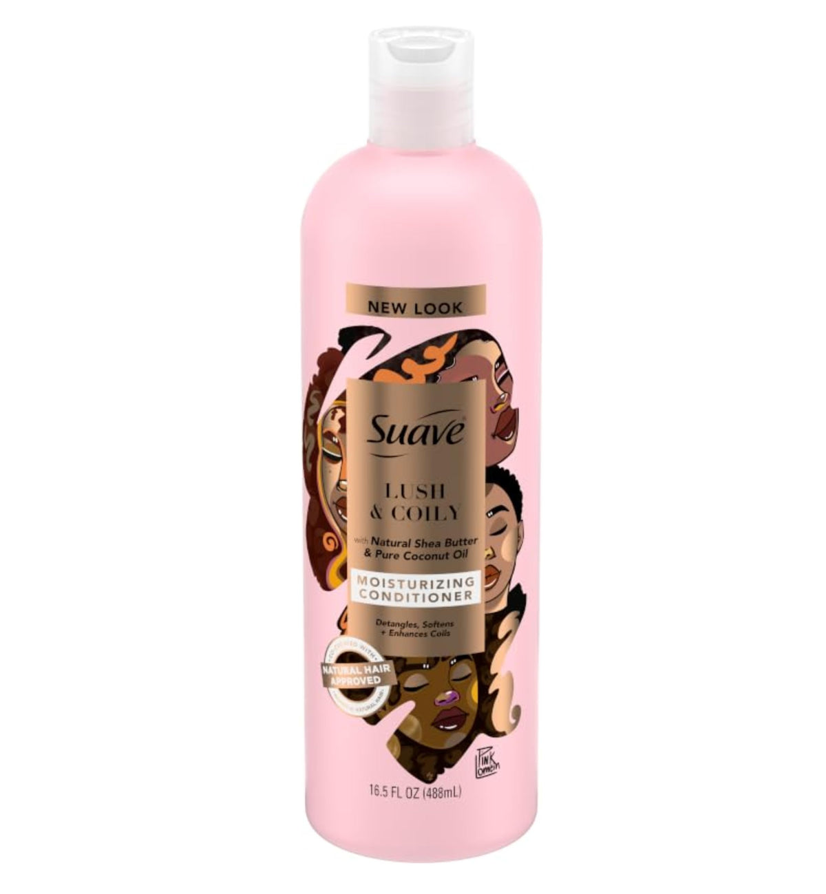 la bouteille Suave Professionals met en avant le beurre de karité et l'huile de coco pour des boucles hydratées.