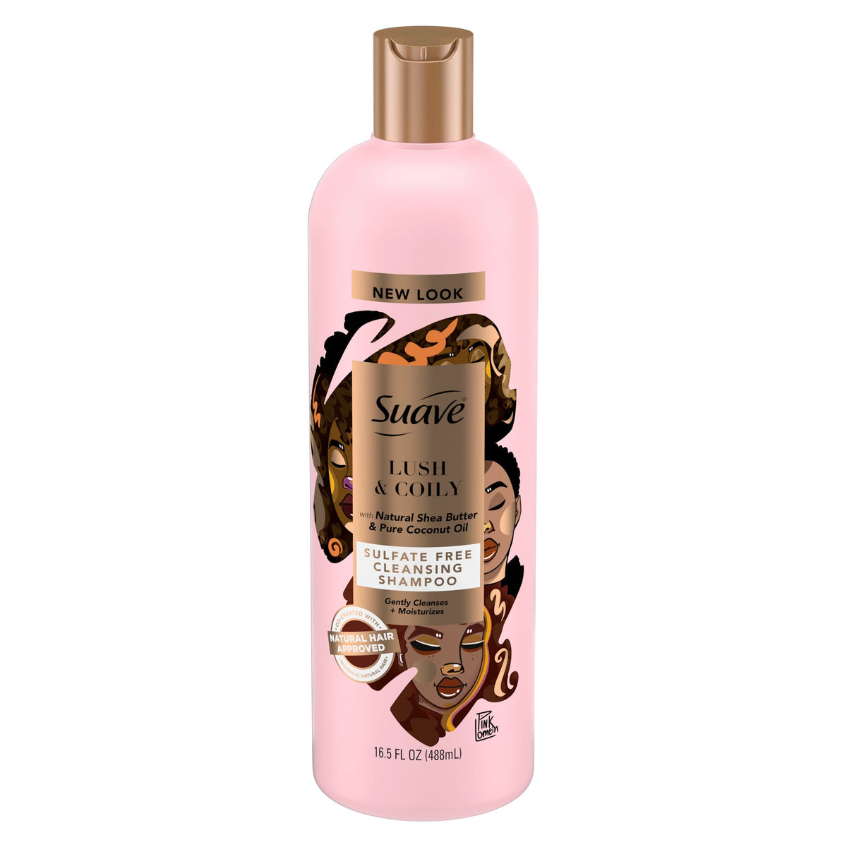 Bouteille Suave Professionnels montrant beurre de karité et huile de coco pour boucles hydratées.