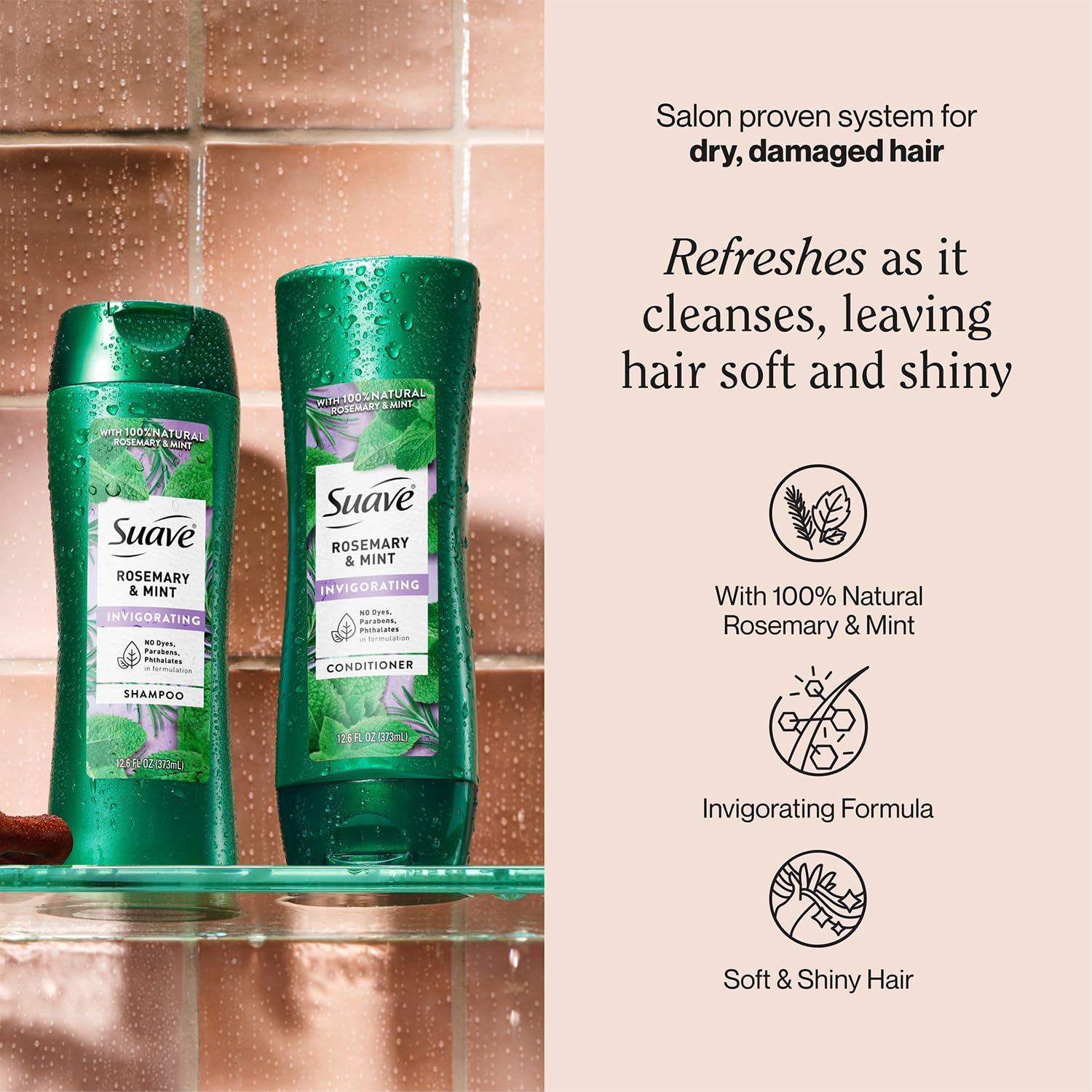 Après-shampooing Suave Rosemary & Mint, bouteille pratique pour démêler et hydrater les cheveux.