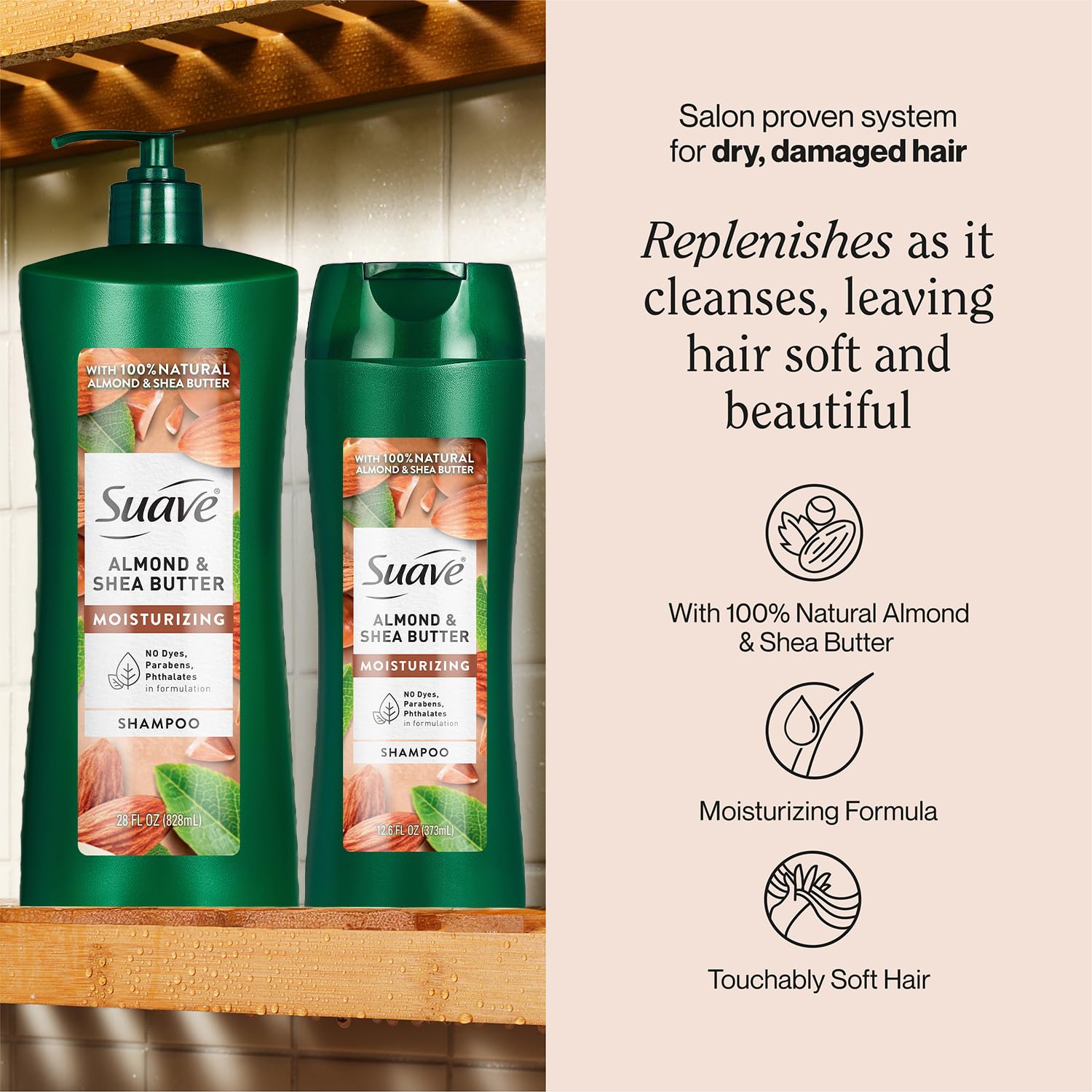 Shampoing Suave à l’amande et karité en bouteille à pompe, hydratation renforcée.