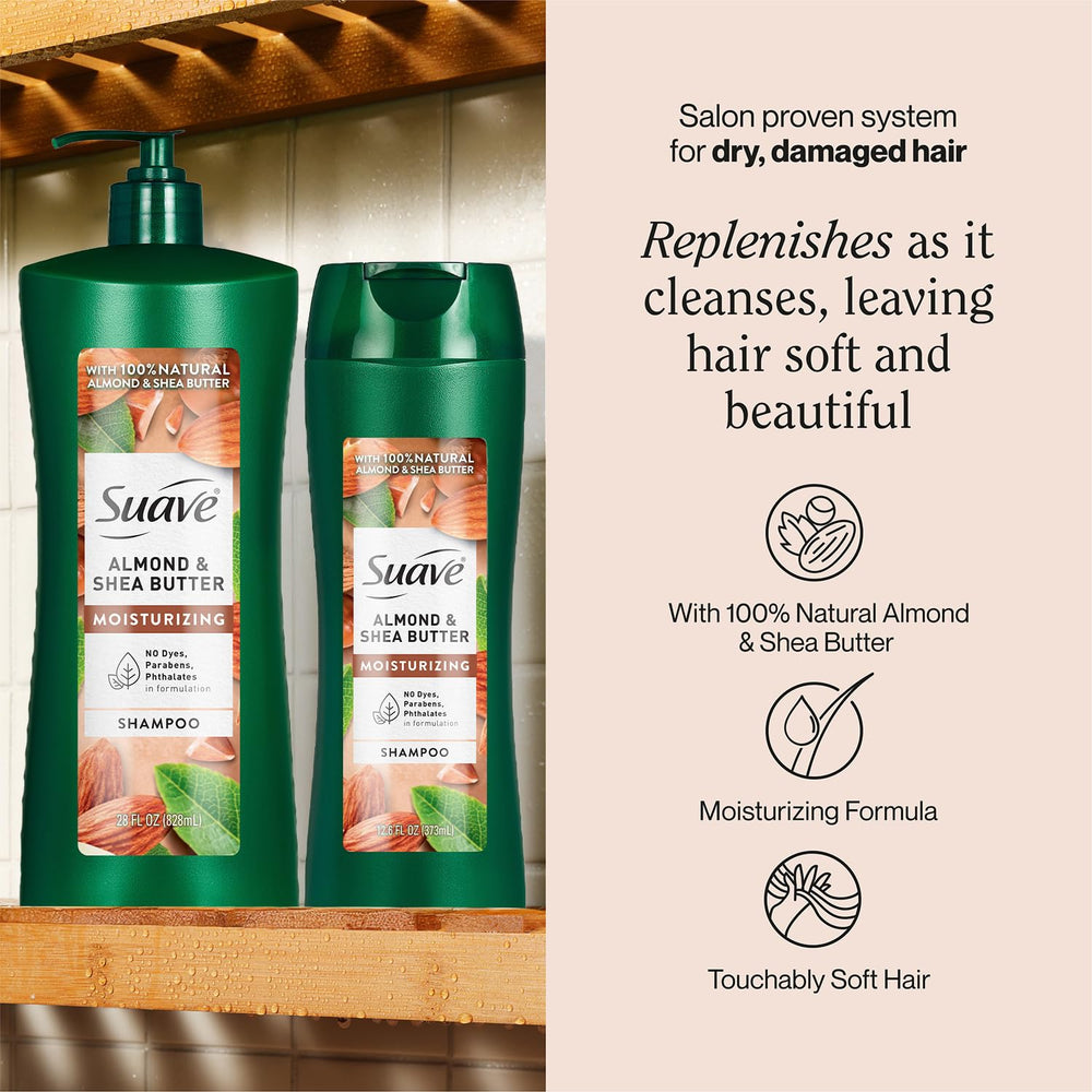 Shampoing Suave à l’amande et karité en bouteille à pompe, hydratation renforcée.