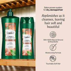 Shampoing Suave à l’amande et karité en bouteille à pompe, hydratation renforcée.