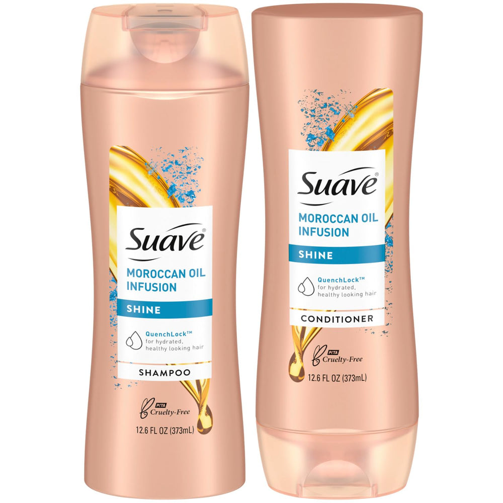 Shampoing Suave argan en bouteille: brillance instantanée et douceur.