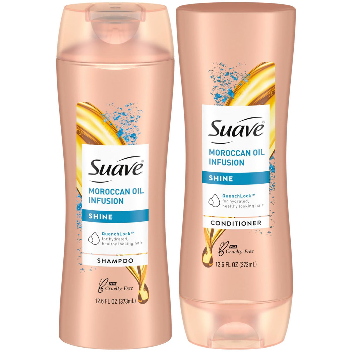 Shampoing Suave argan en bouteille: brillance instantanée et douceur.