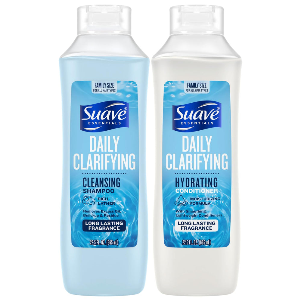 Shampooing clarifiant Suave en bouteille, cheveux propres et brillants.