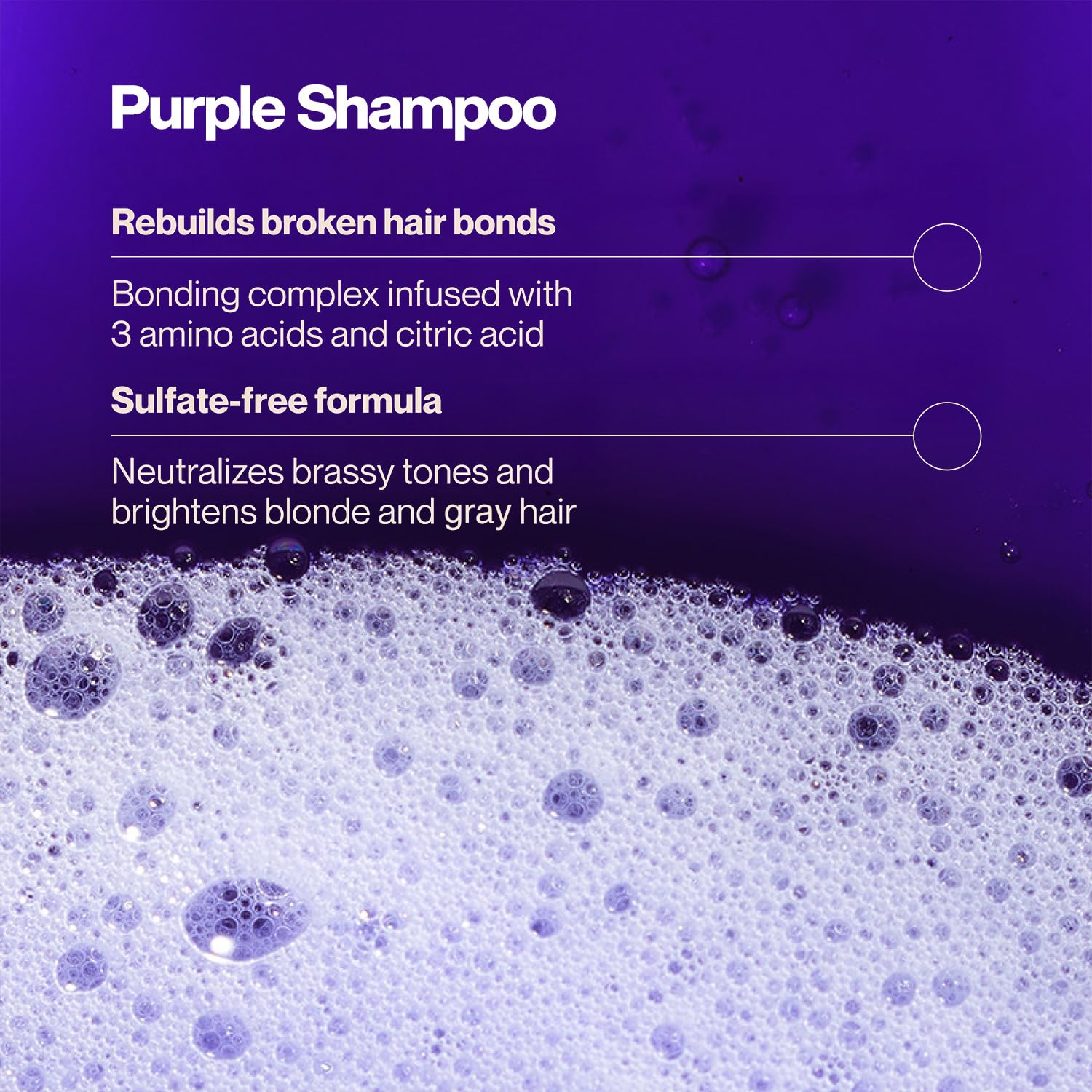 Shampooing violet Suave sur cheveux blond/gris, corrige les reflets jaunes.