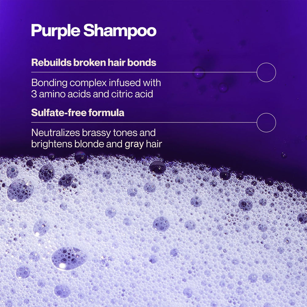 Shampooing violet Suave sur cheveux blond/gris, corrige les reflets jaunes.