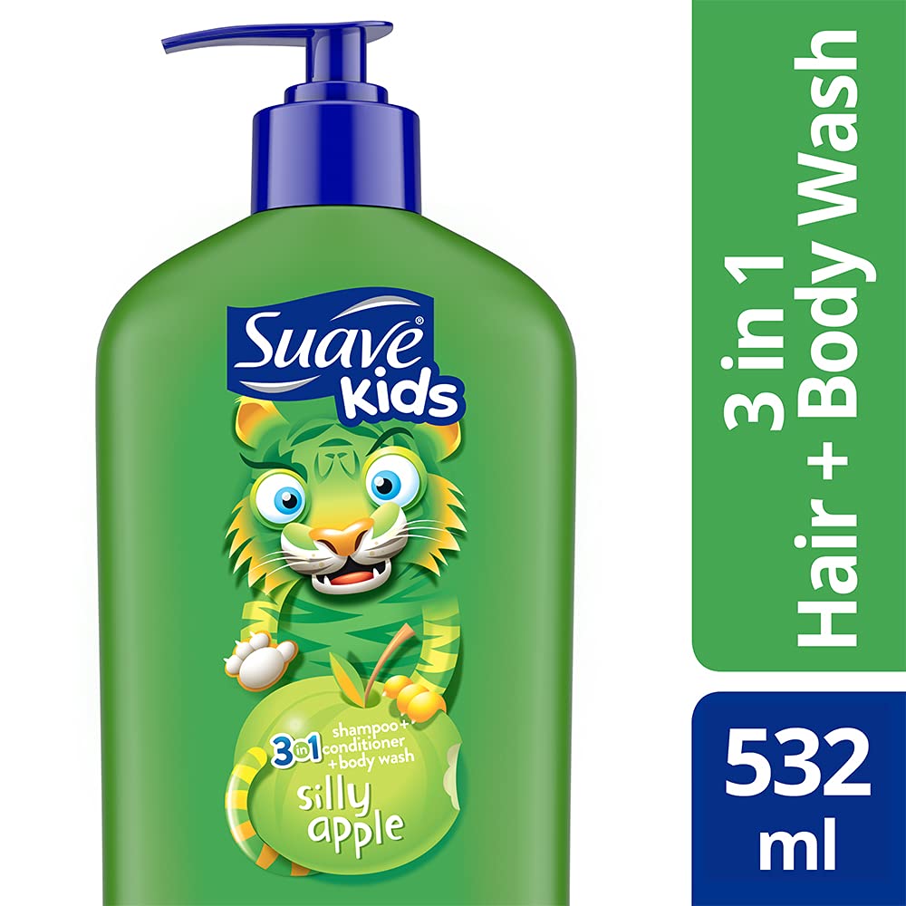 Close-up of tear-free formula label on Suave Silly Apple 3-in-1 bottle.