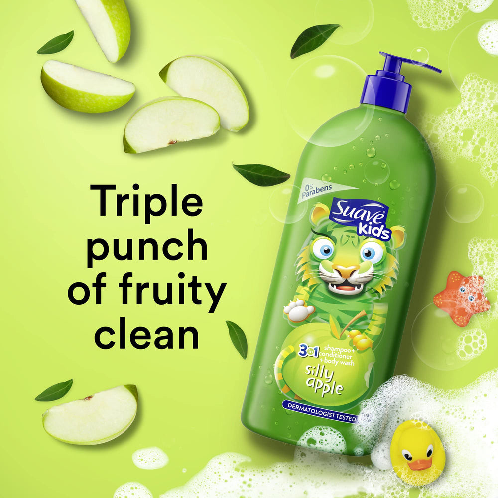 Suave Silly Apple 3-in-1 bottle on a bathroom counter for quick, convenient use.