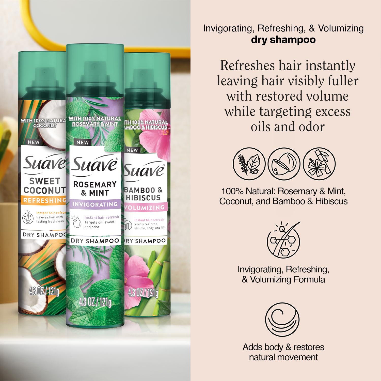 Suave spray sec bambou hibiscus apporte volume léger et texture aérienne.