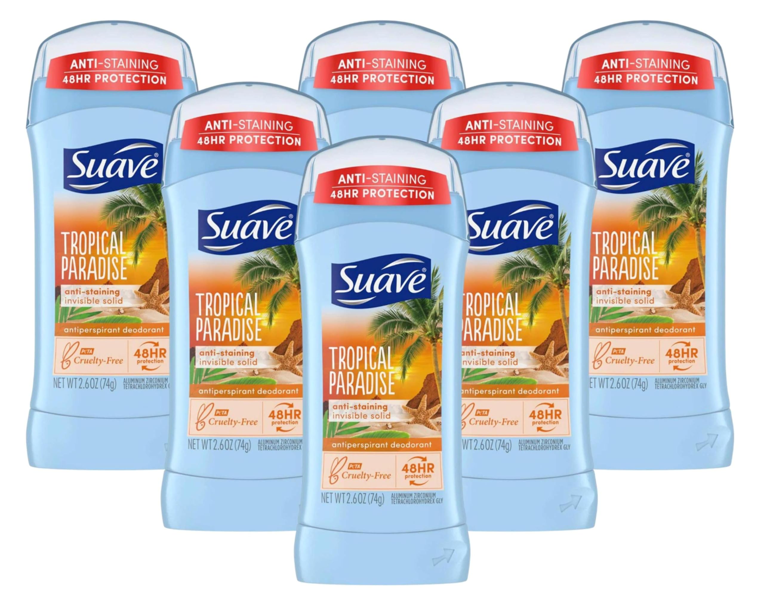 Déodorant Suave Tropic Paradise, bouteille 76 ml, fraîcheur longue durée.